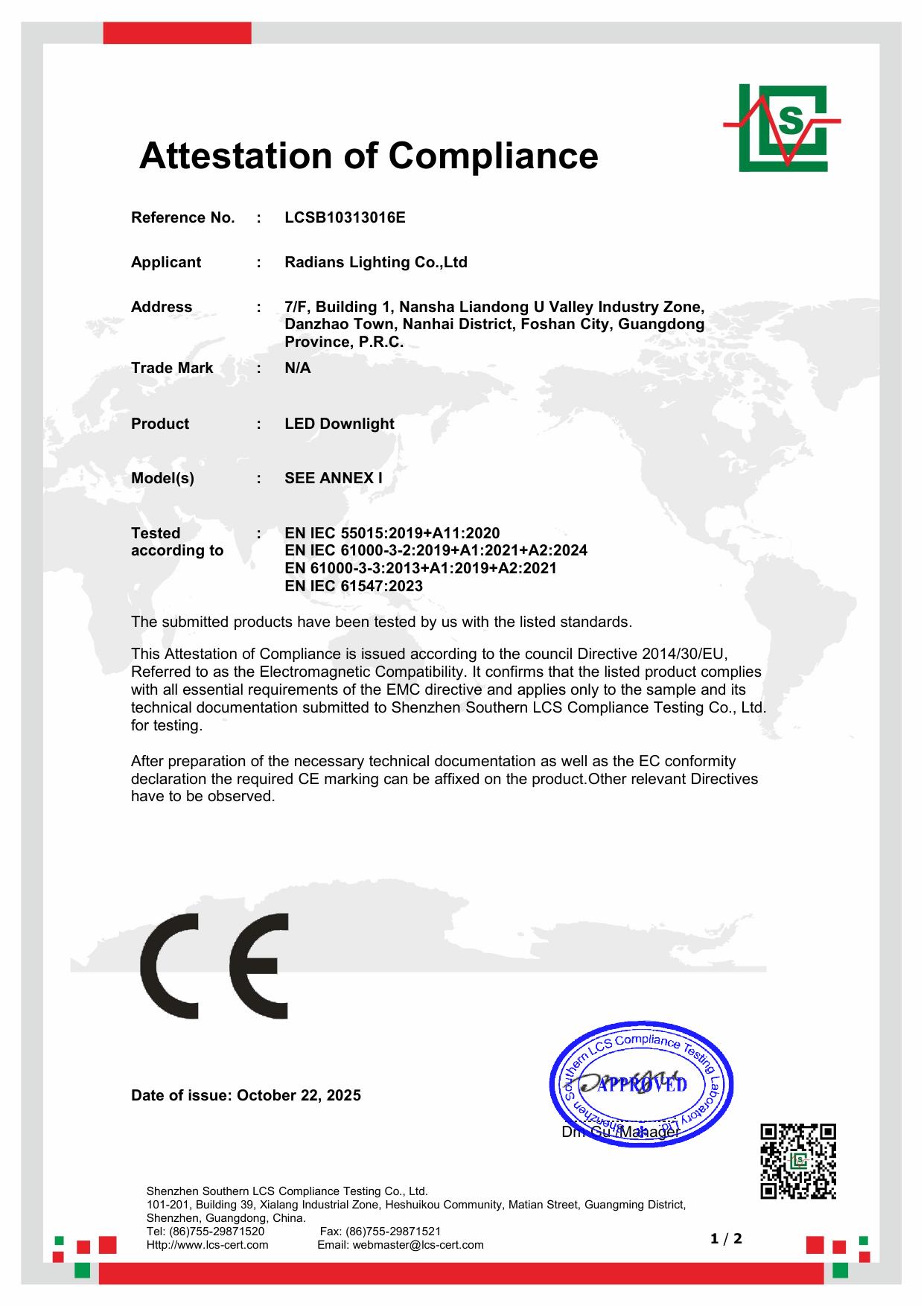 CE-EMV-Konformitätszertifikat für allgemeine LED-Leuchten Vorschau