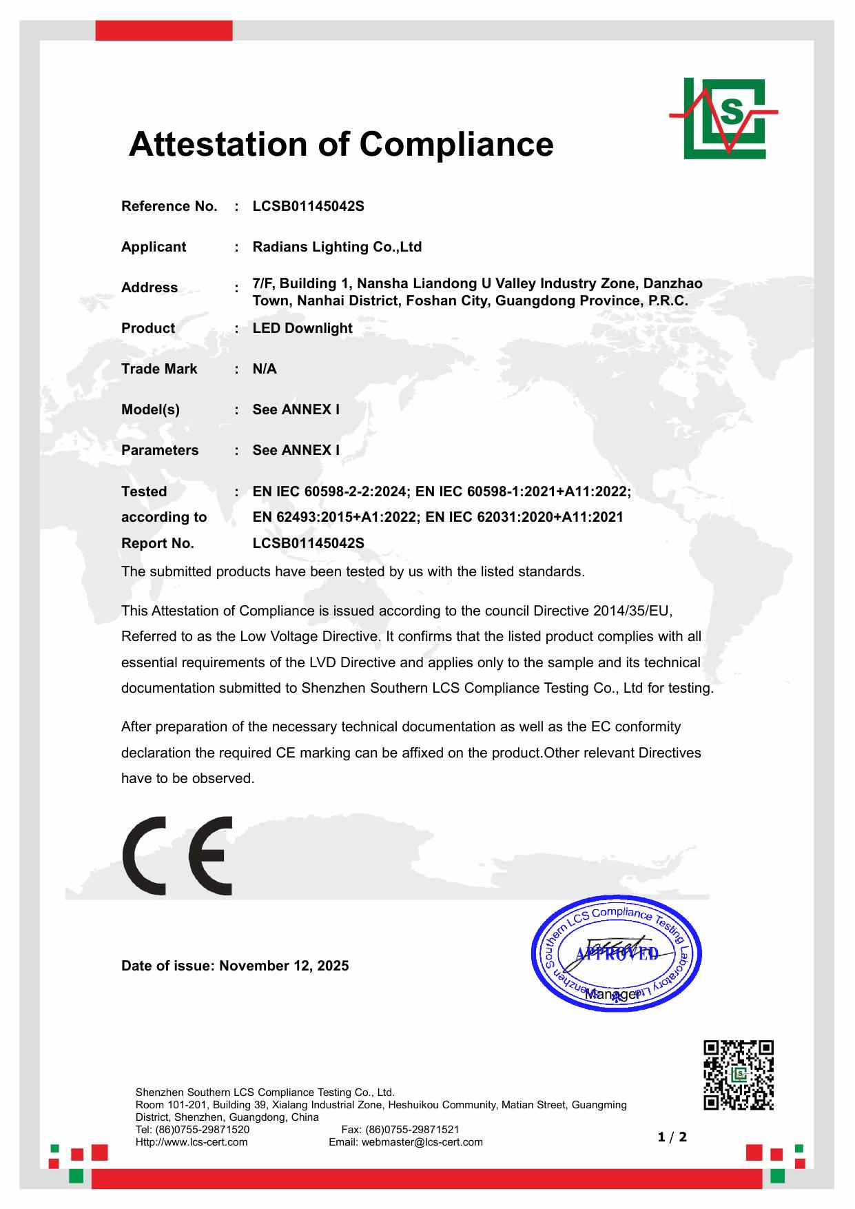 CE-LVD-Konformitätszertifikat für allgemeine LED-Leuchten Vorschau