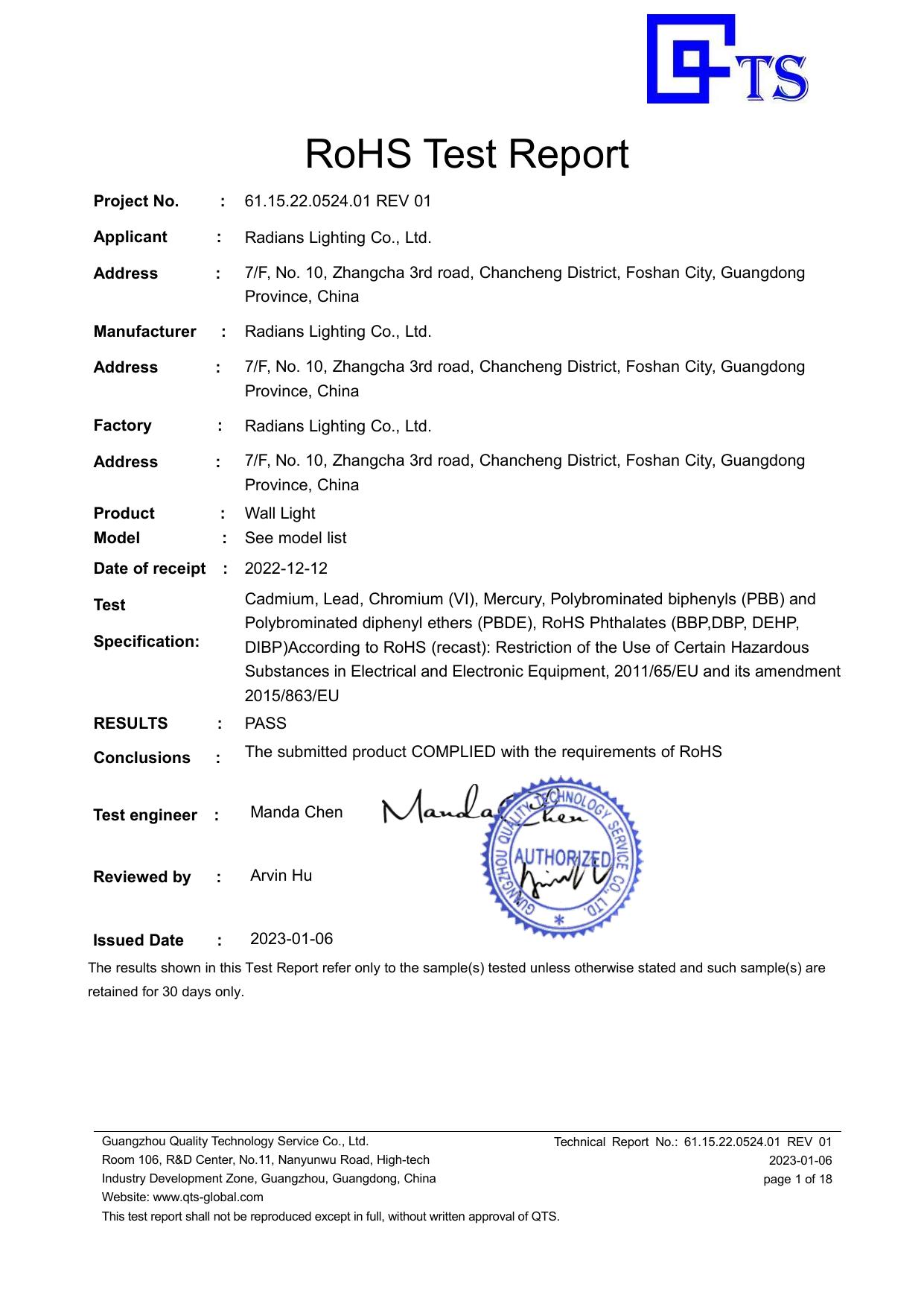 RoHS-Prüfbericht für Wandleuchten Vorschau